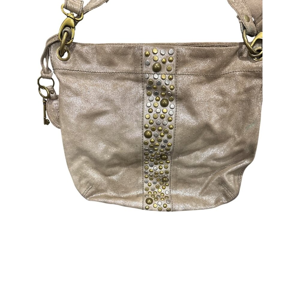 Fossil Metallic Gold Leather Studded Shoulder Bag With Adjustable Strap